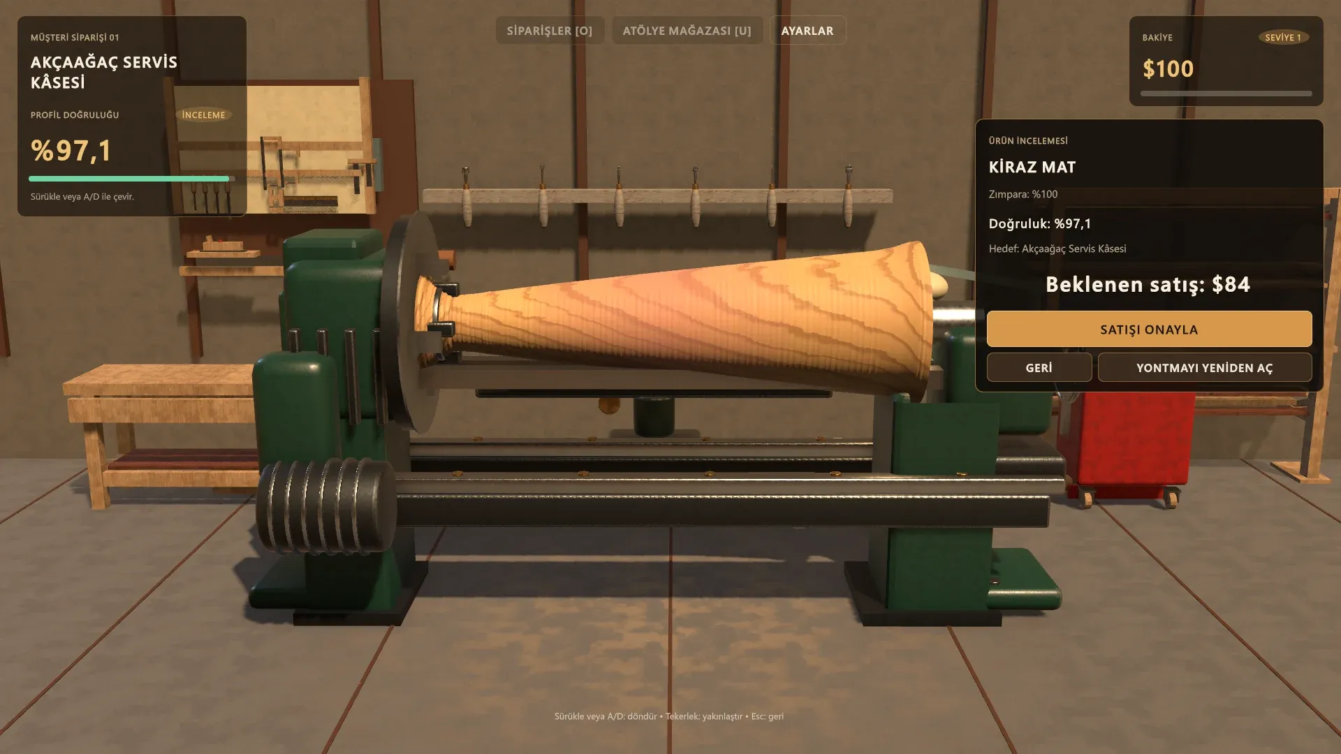 A finished turned piece on the lathe in SpinCraft: Wood Workshop, with the product review panel open