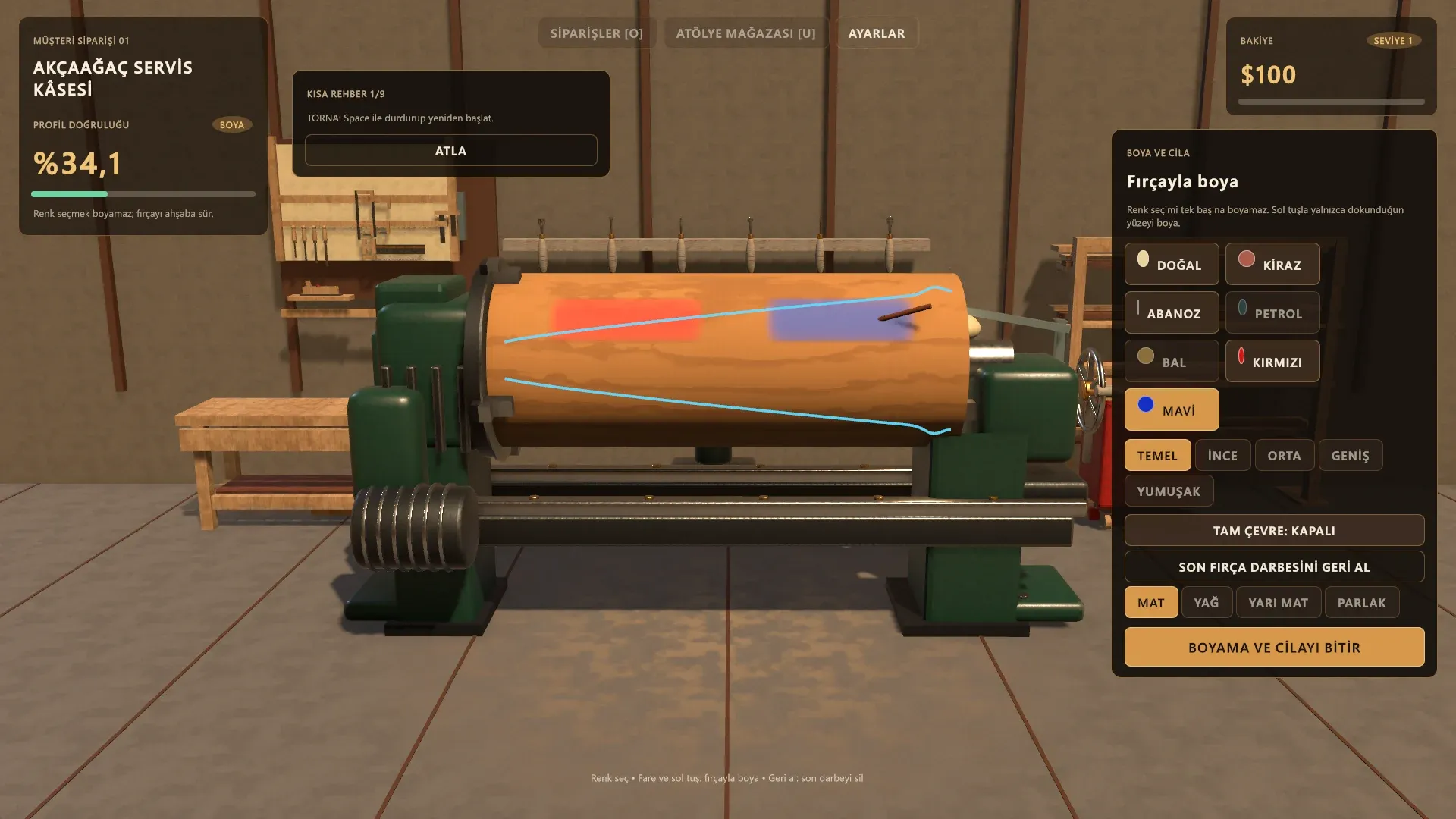 A turned piece painted in red and blue zones on the lathe in SpinCraft: Wood Workshop